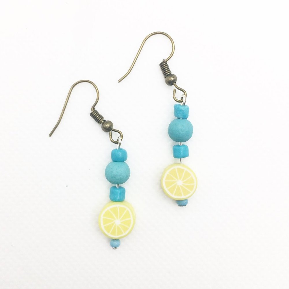 Summer Yellow Lemon & Blue Beaded Earrings